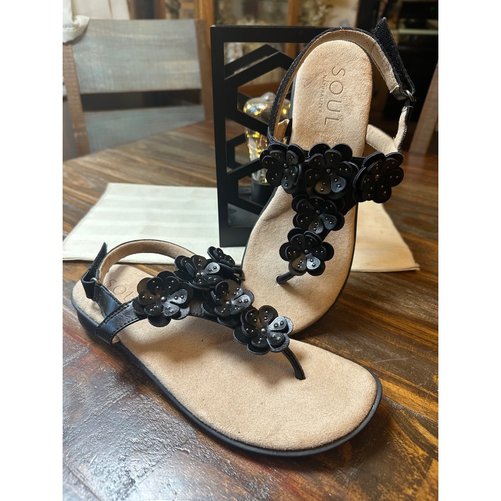 Soul Naturalizer Womens Black Floral T-Strap Thong Slingback Sandals Size 9M